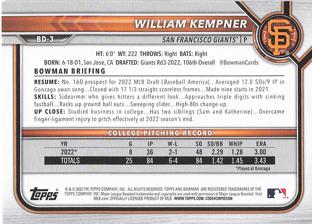 2022 Bowman Draft 1st Edition Baseball William Kempner #BD-3