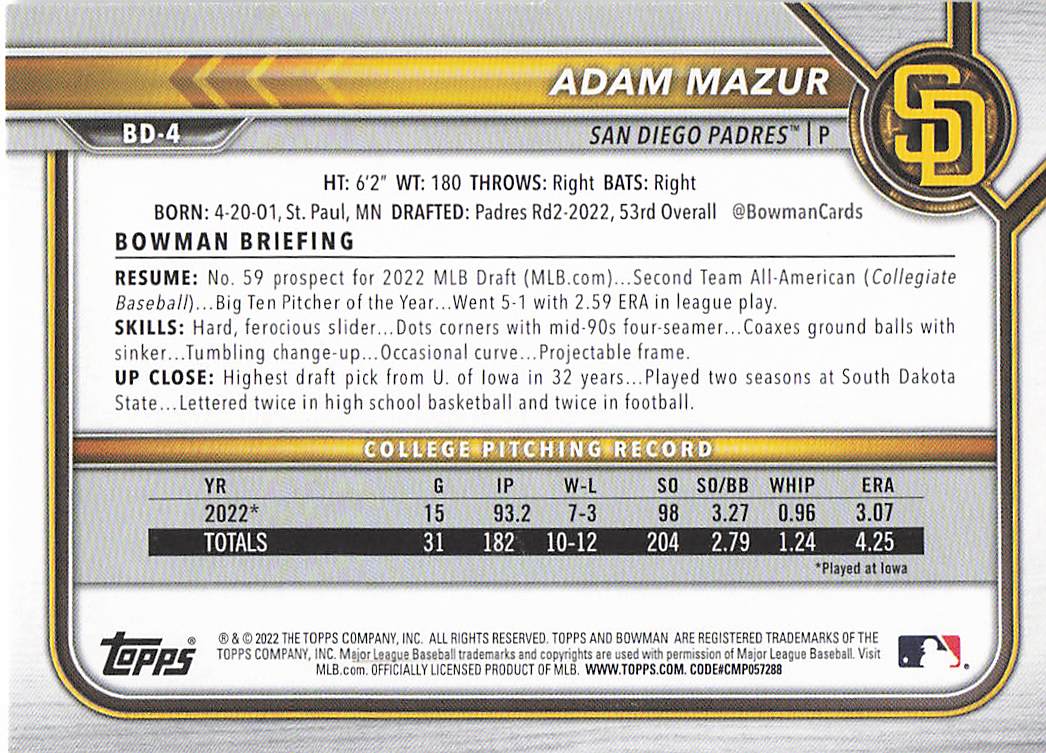 2022 Bowman Draft Baseball Adam Mazur #BD-4