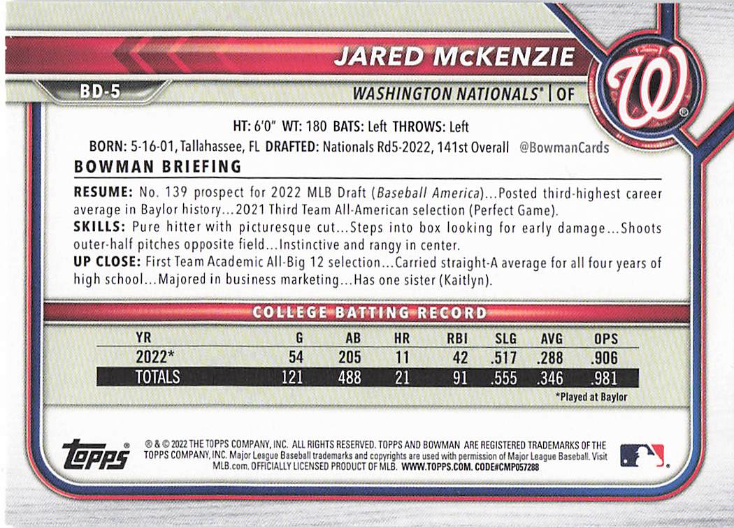 2022 Bowman Draft 1st Edition Baseball Jared McKenzie #BD-5
