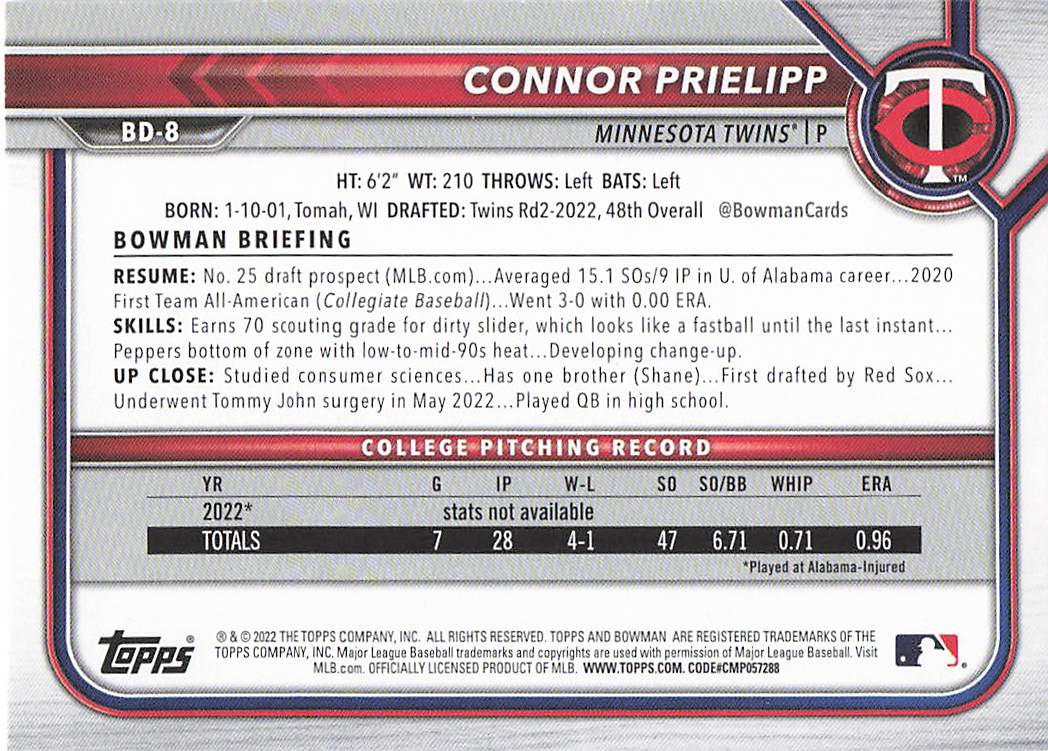 2022 Bowman Draft Baseball Connor Prielipp #BD-8