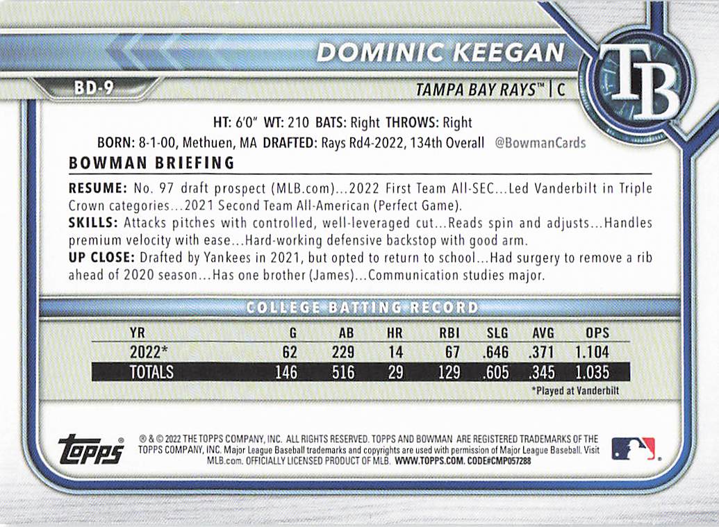 2022 Bowman Draft Baseball Dominic Keegan #BD-9