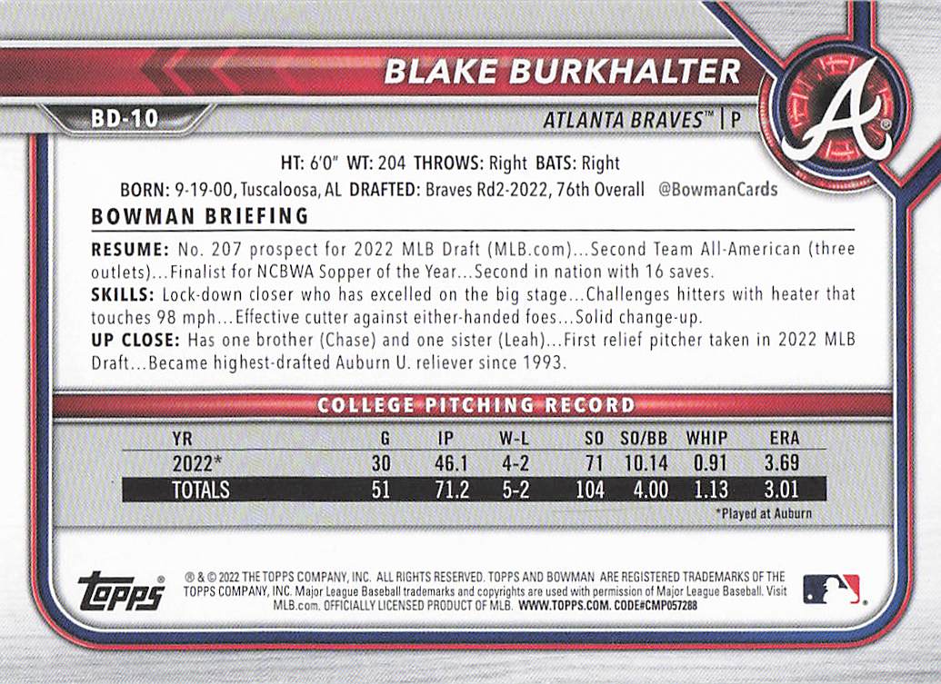 2022 Bowman Draft Baseball Blake Burkhalter #BD-10
