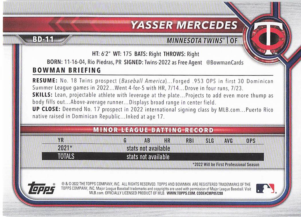 2022 Bowman Draft Baseball Yasser Mercedes #BD-11