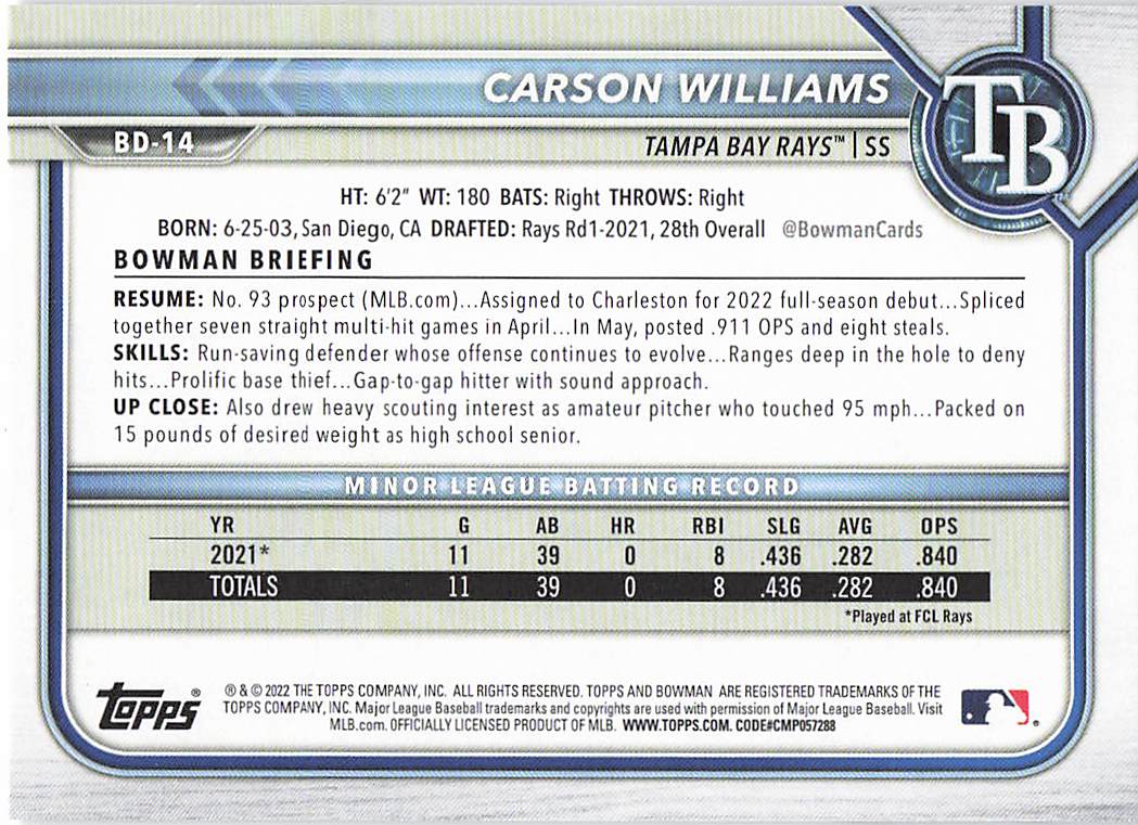 2022 Bowman Draft 1st Edition Baseball Carson Williams #BD-14