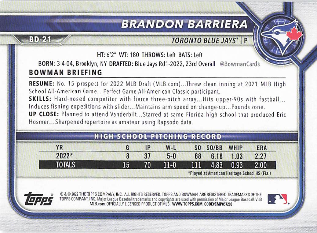 2022 Bowman Draft Baseball Brandon Barriera #BD-21