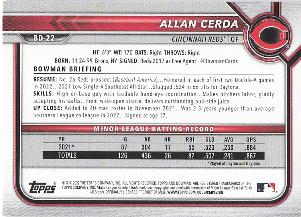 2022 Bowman Draft 1st Edition Baseball Allan Cerda #BD-22