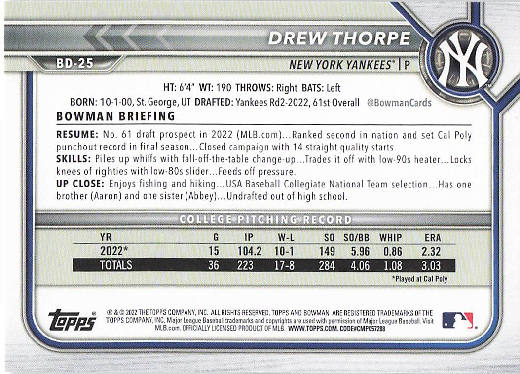 2022 Bowman Draft Baseball Drew Thorpe #BD-25