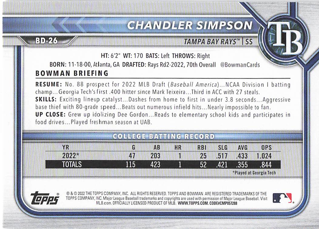 2022 Bowman Draft Baseball Chandler Simpson #BD-26