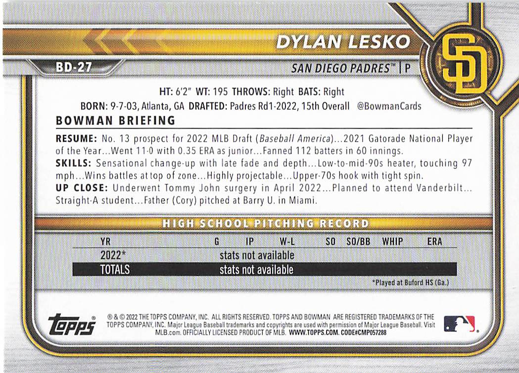2022 Bowman Draft Baseball Dylan Lesko #BD-27