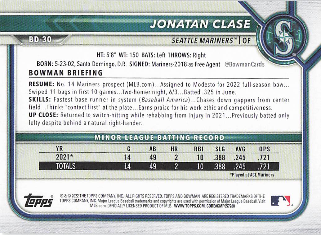2022 Bowman Draft 1st Edition Baseball Jonatan Clase #BD-30