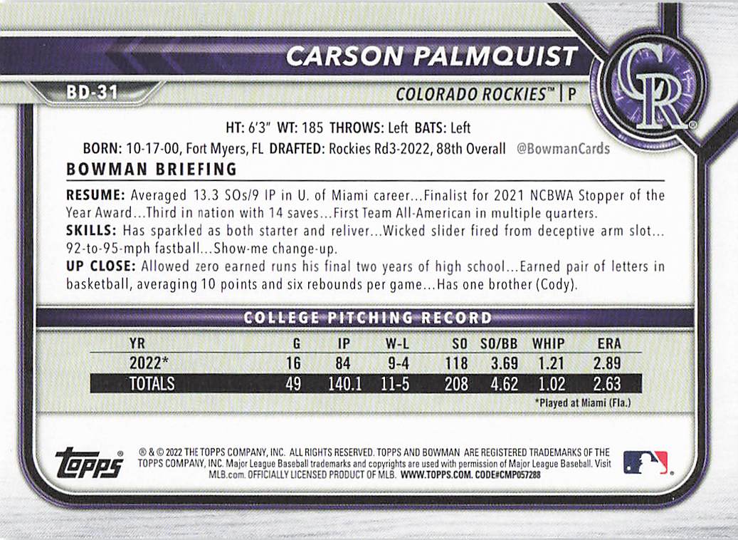 2022 Bowman Draft Baseball Carson Palmquist #BD-31