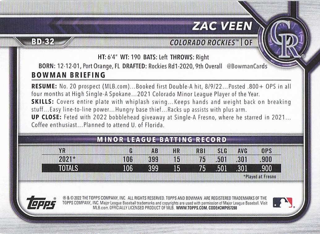 2022 Bowman Draft 1st Edition Baseball Zac Veen #BD-32