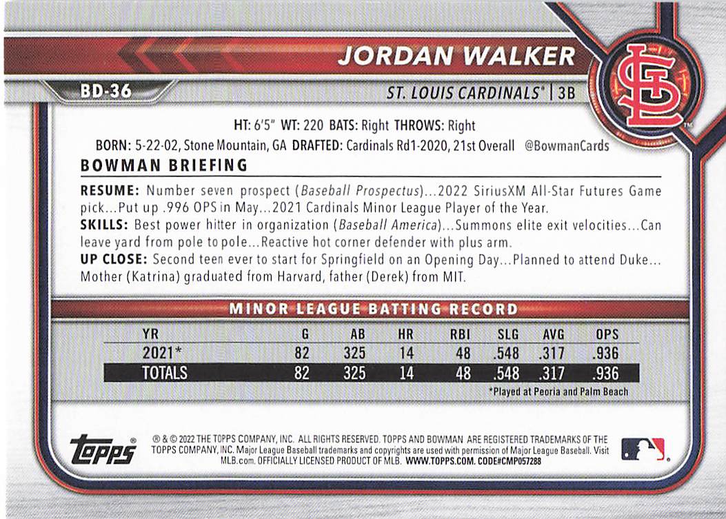 2022 Bowman Draft Baseball Jordan Walker #BD-36