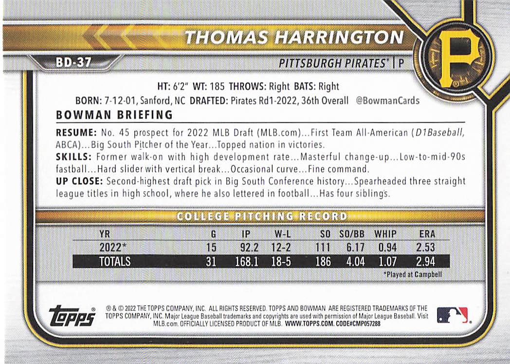 2022 Bowman Draft 1st Edition Baseball Thomas Harrington #BD-37