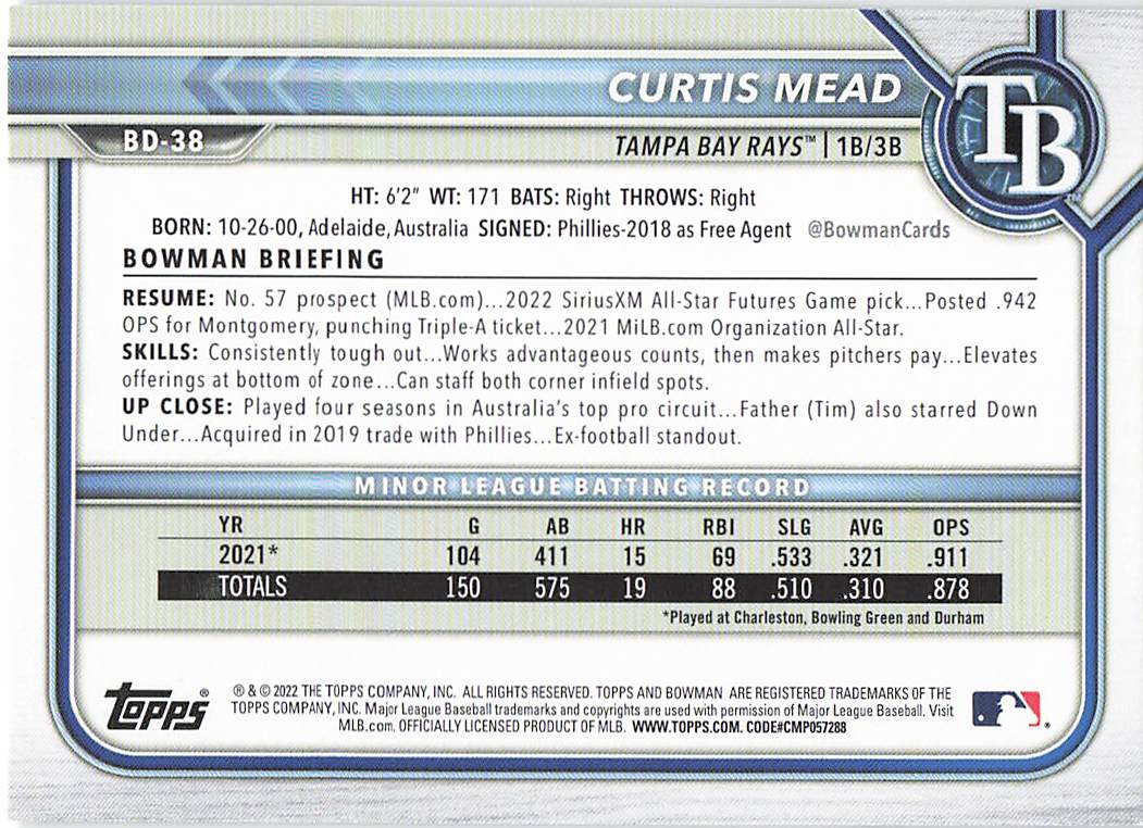 2022 Bowman Draft 1st Edition Baseball Curtis Mead #BD-38