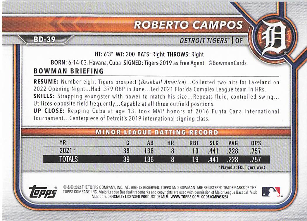 2022 Bowman Draft 1st Edition Baseball Roberto Campos #BD-39