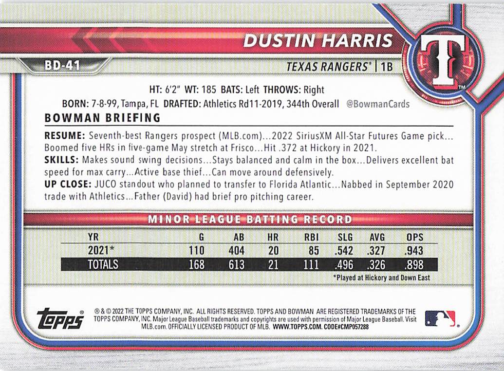 2022 Bowman Draft 1st Edition Baseball Dustin Harris #BD-41