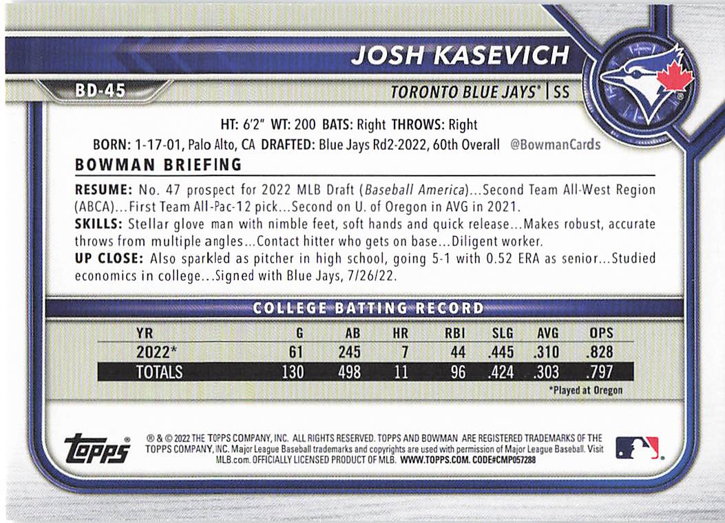 2022 Bowman Draft Baseball Josh Kasevich #BD-45