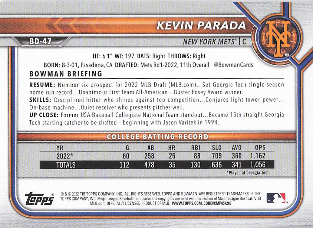 2022 Bowman Draft Baseball Kevin Parada #BD-47