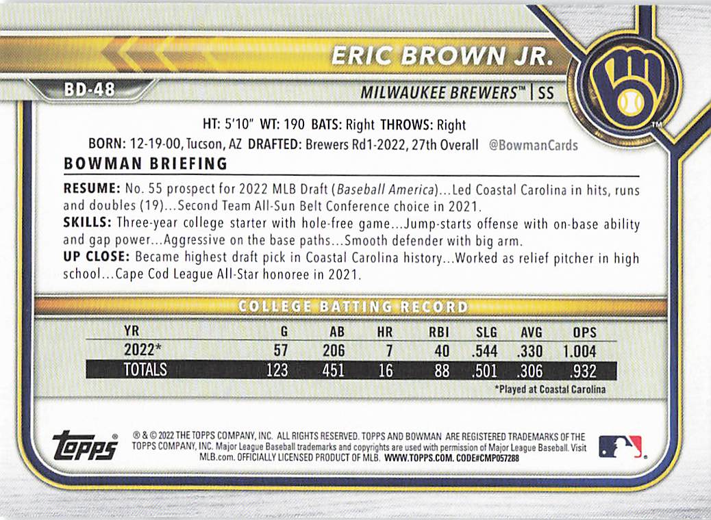 2022 Bowman Draft 1st Edition Baseball Eric Brown Jr. #BD-48
