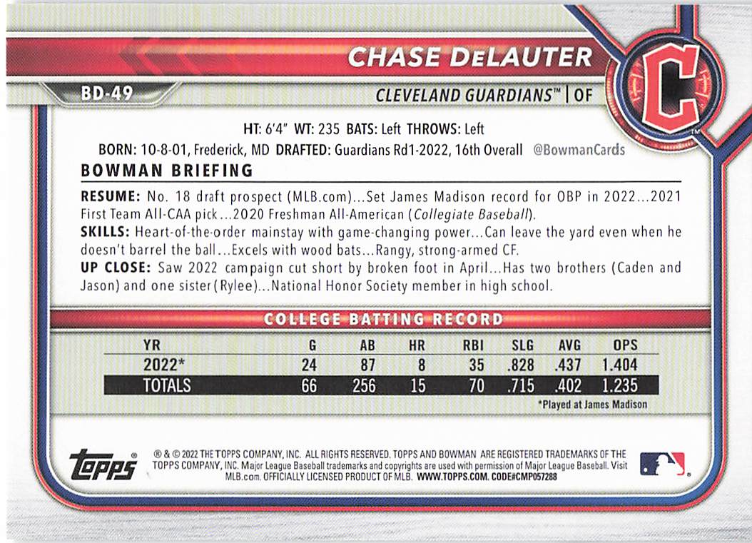 2022 Bowman Draft 1st Edition Baseball Chase DeLauter #BD-49