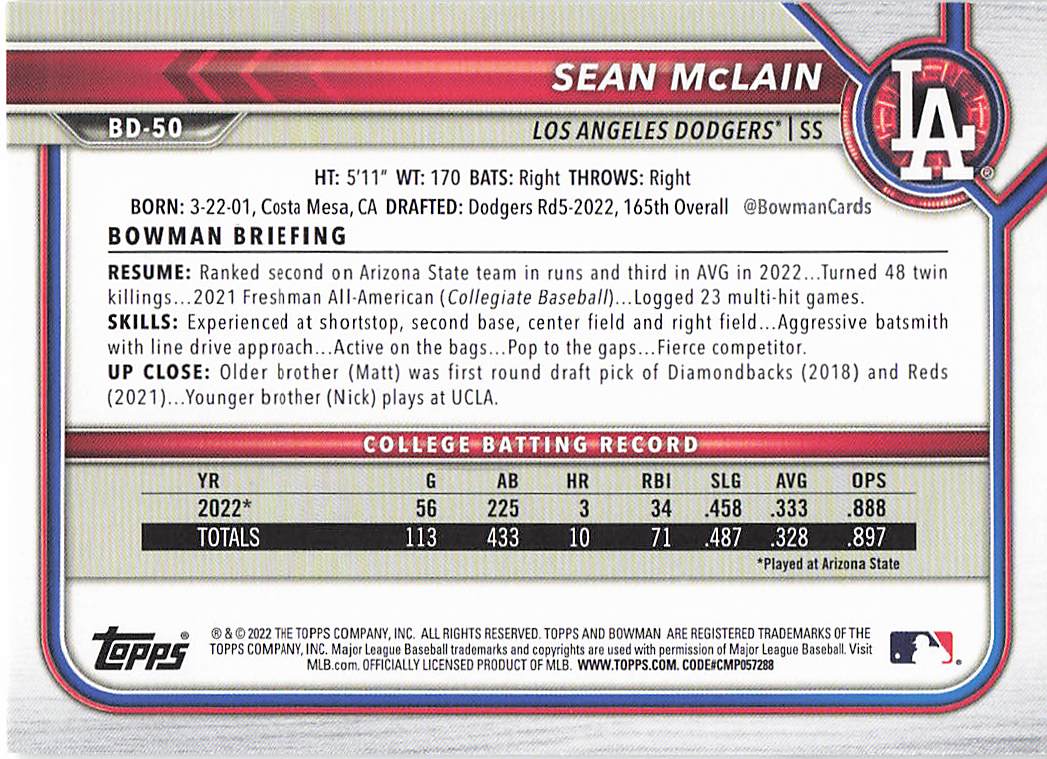2022 Bowman Draft Baseball Sean McLain #BD-50