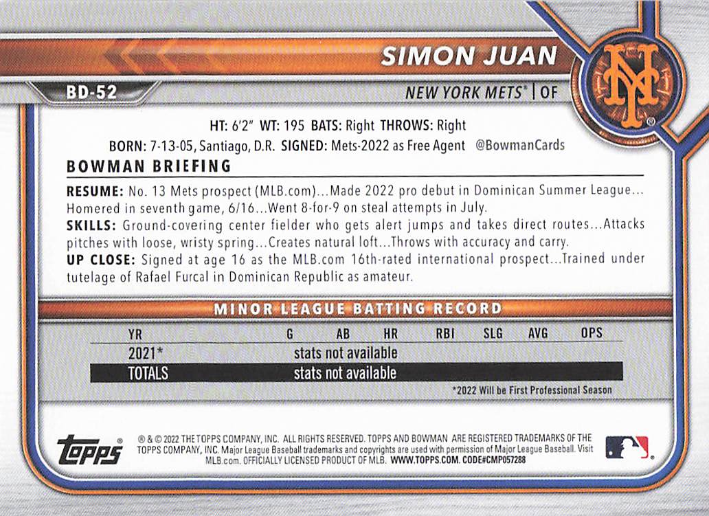 2022 Bowman Draft 1st Edition Baseball Simon Juan #BD-52