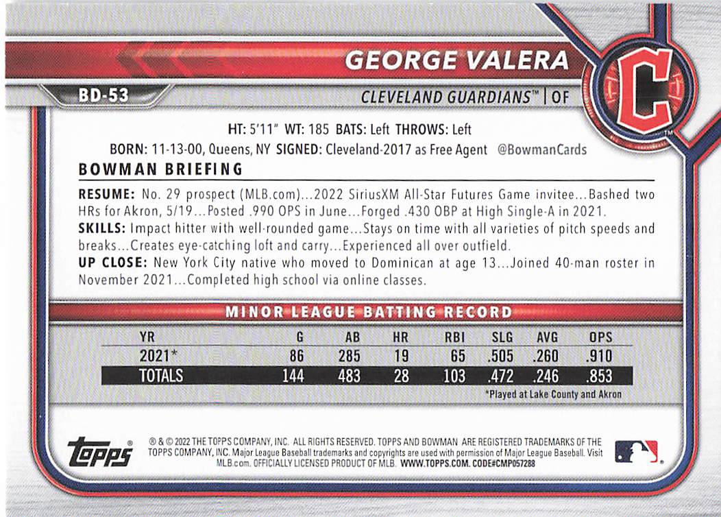 2022 Bowman Draft Baseball George Valera #BD-53