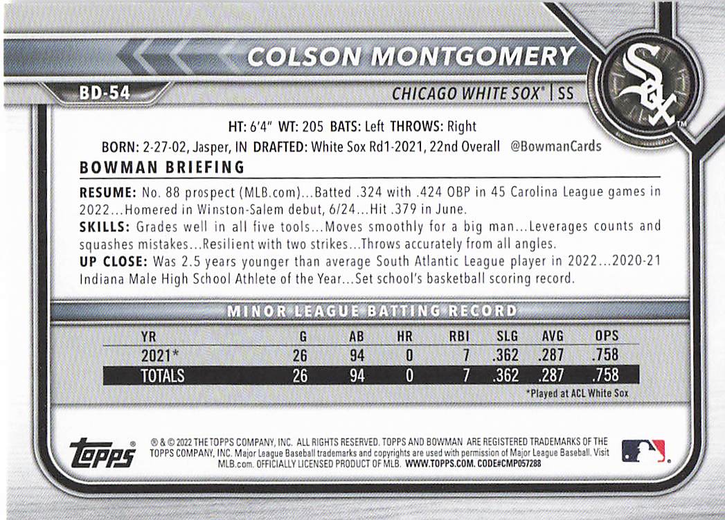 2022 Bowman Draft Baseball Colson Montgomery #BD-54