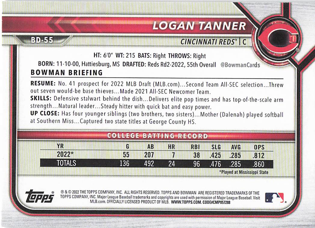 2022 Bowman Draft Baseball Logan Tanner #BD-55