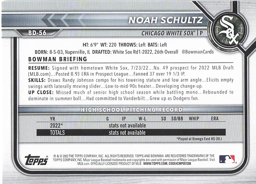 2022 Bowman Draft Baseball Noah Schultz #BD-56