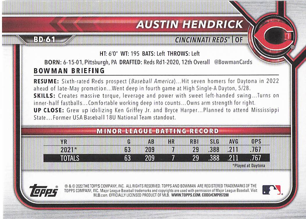 2022 Bowman Draft Baseball Austin Hendrick #BD-61