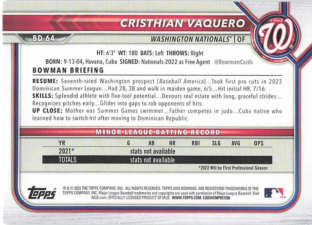 2022 Bowman Draft 1st Edition Baseball Cristhian Vaquero #BD-64