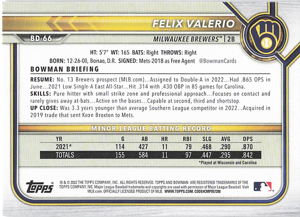2022 Bowman Draft Baseball Felix Valerio #BDC-66
