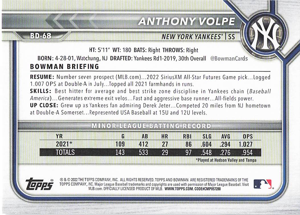 2022 Bowman Draft Baseball Anthony Volpe #BD-68