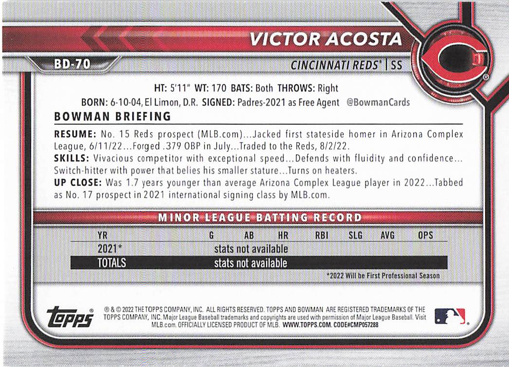2022 Bowman Draft Baseball Victor Acosta #BD-70
