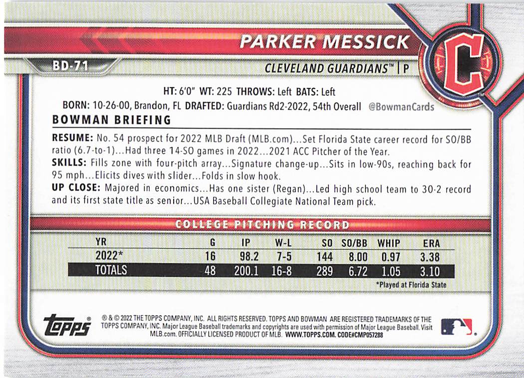 2022 Bowman Draft Baseball Parker Messick #BD-71