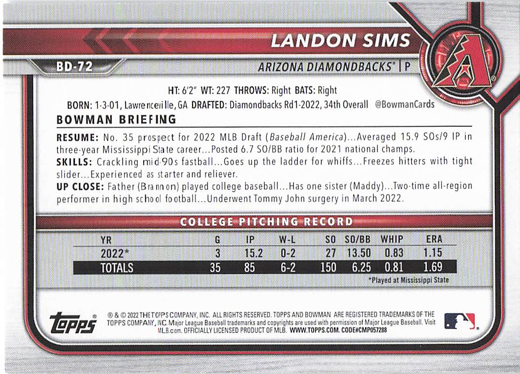 2022 Bowman Draft Baseball Landon Sims #BD-72