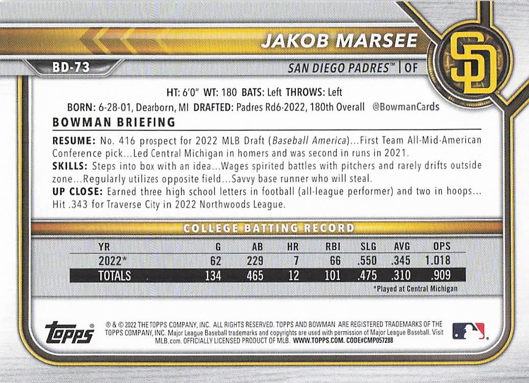 2022 Bowman Draft Baseball Jakob Marsee #BD-73
