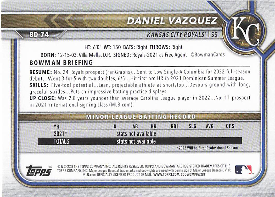 2022 Bowman Draft Baseball Daniel Vazquez #BD-74