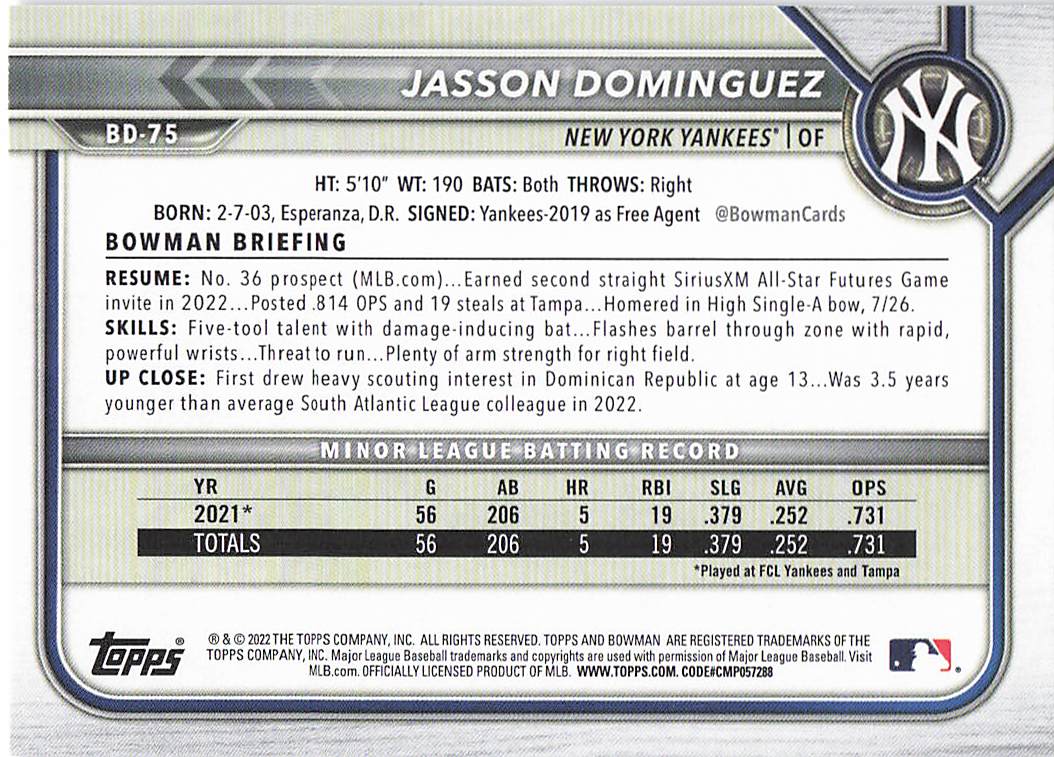 2022 Bowman Draft Baseball Jasson Dominguez #BD-75