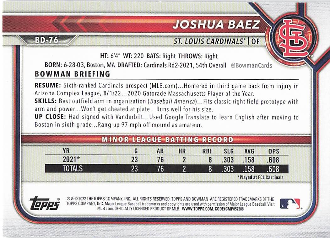 2022 Bowman Draft Baseball Joshua Baez #BD-76