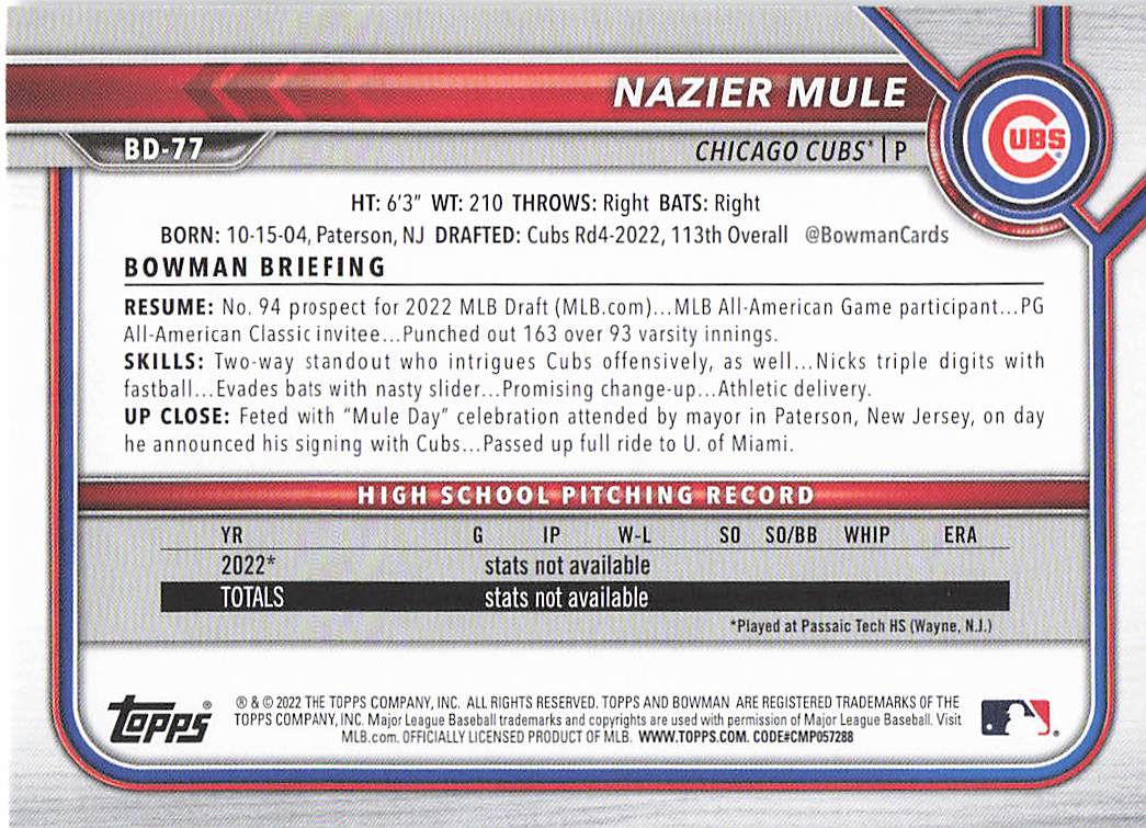2022 Bowman Draft Baseball Nazier Mule #BD-77