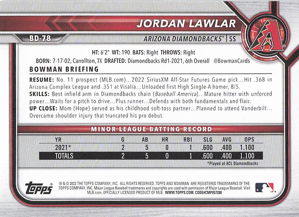 2022 Bowman Draft 1st Edition Baseball Jordan Lawlar #BD-78