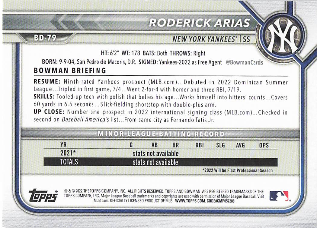2022 Bowman Draft Baseball Roderick Arias #BD-79