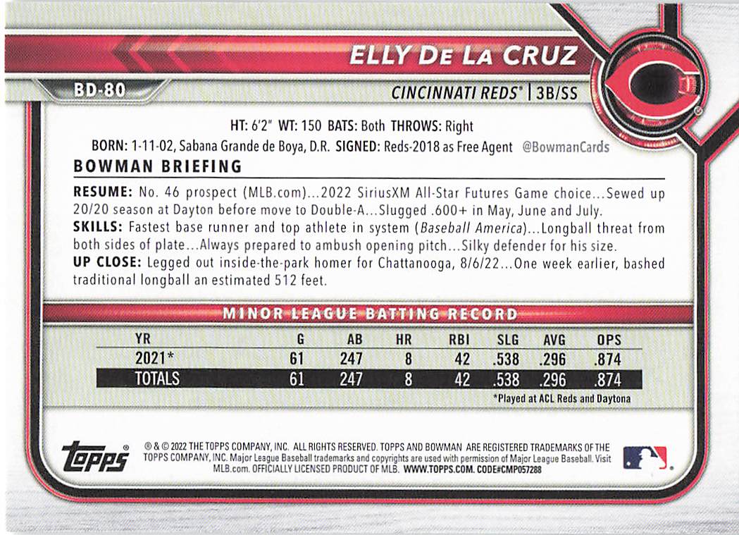 2022 Bowman Draft Baseball Elly De La Cruz #BD-80