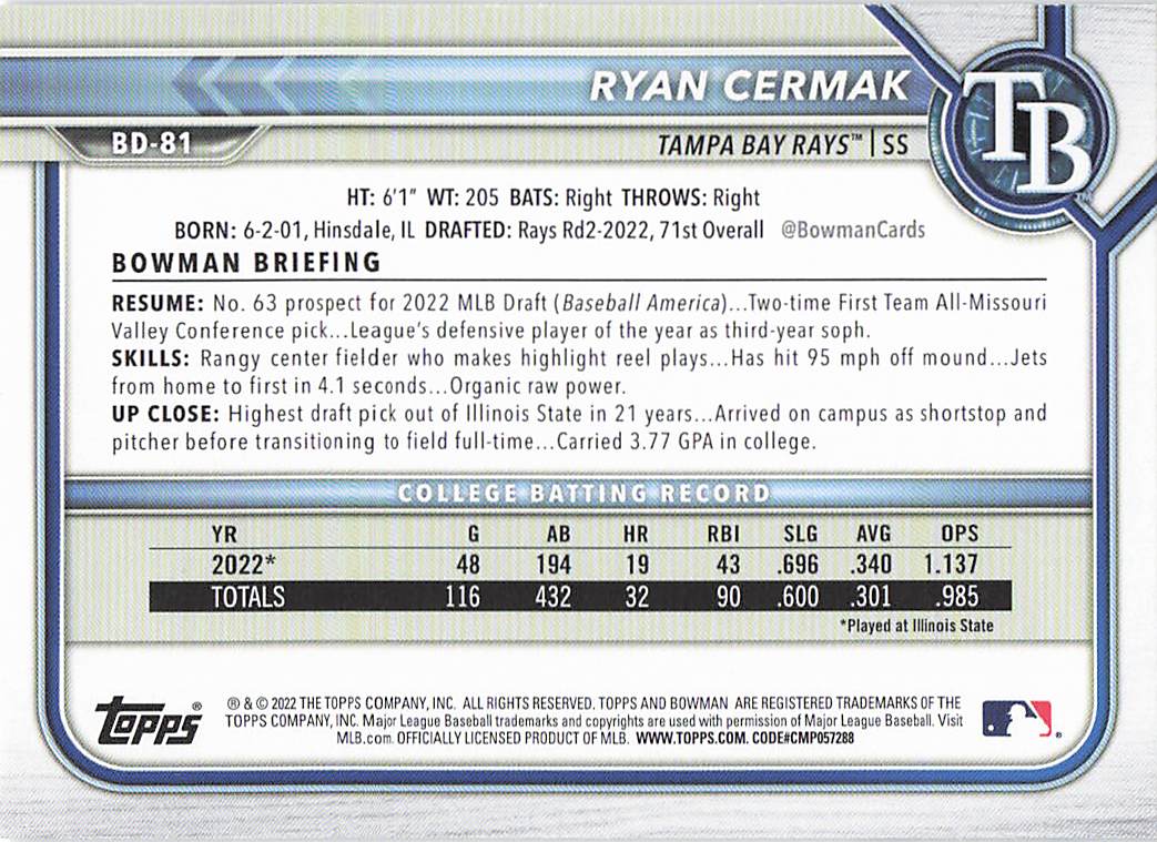 2022 Bowman Draft Baseball Ryan Cermak #BD-81