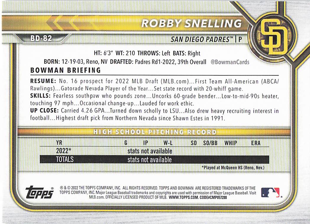 2022 Bowman Draft Baseball Robby Snelling #BD-82