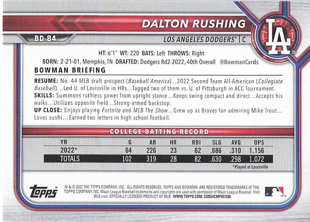 2022 Bowman Draft Baseball Dalton Rushing #BD-84