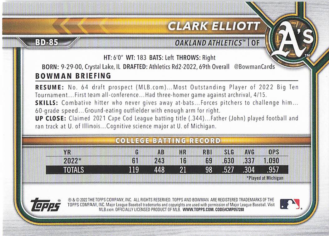 2022 Bowman Draft Baseball Clark Elliott #BD-85